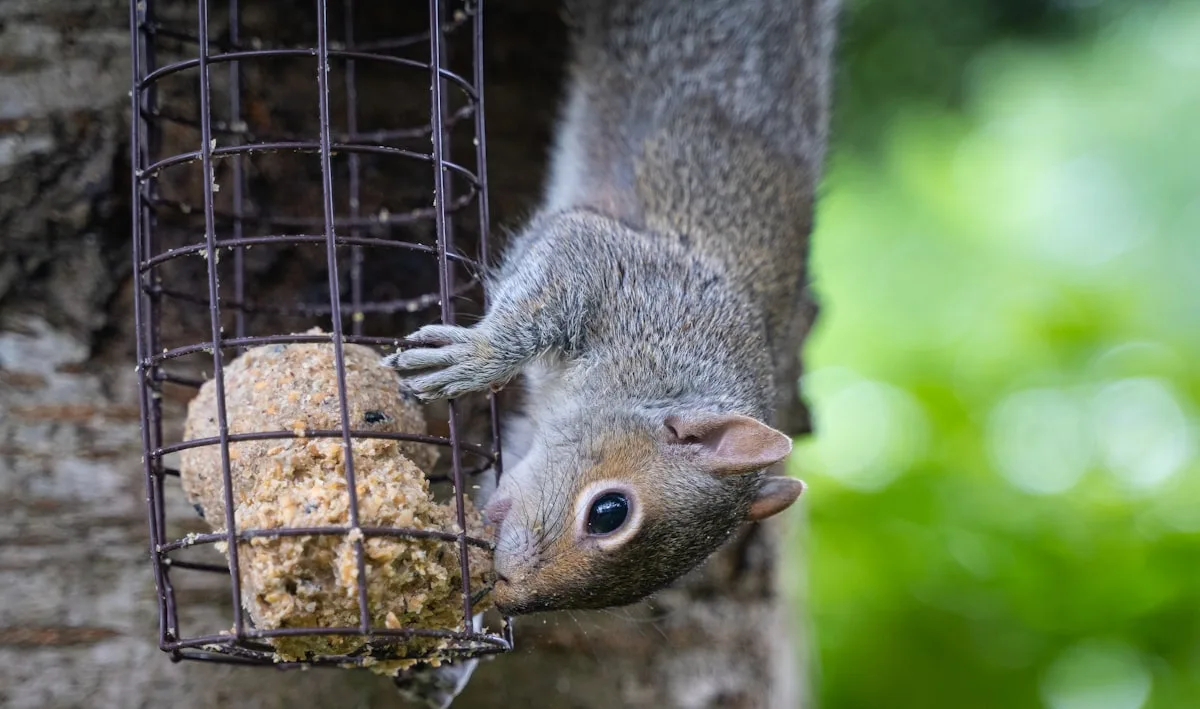 A gray squirrel reaching into a wire suet feeder hung on a tree, eating a seed cake